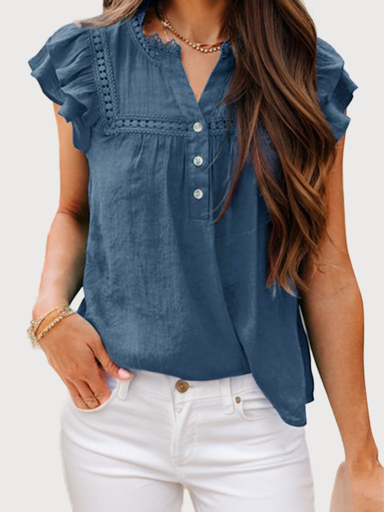 Blue 1940s Wrinkle V-neck Flounce Sleeve Blouse