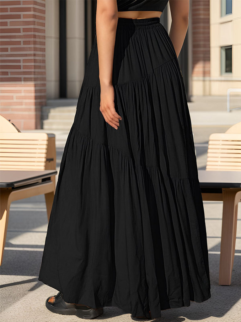 1970s Solid Boho Ruched A-Line Maxi Skirt