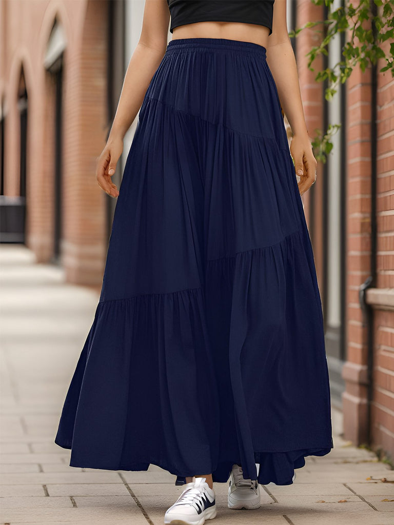 1970s Solid Boho Ruched A-Line Maxi Skirt