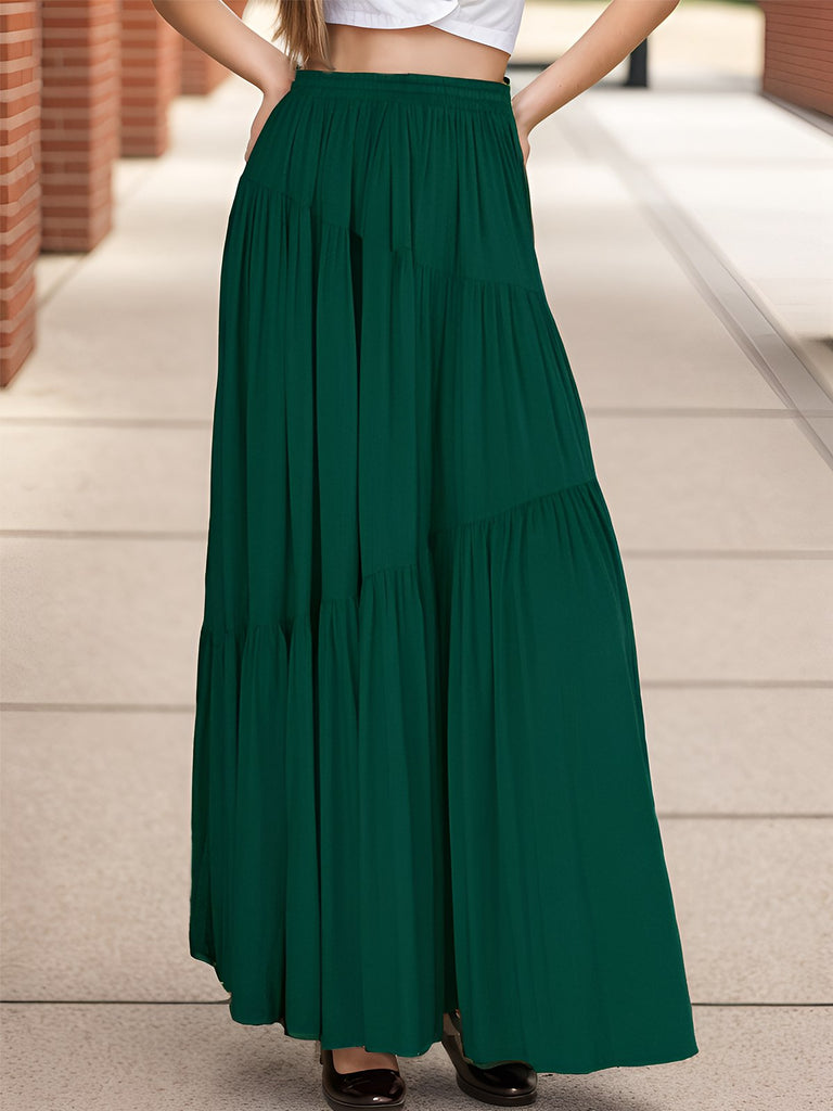 1970s Solid Boho Ruched A-Line Maxi Skirt