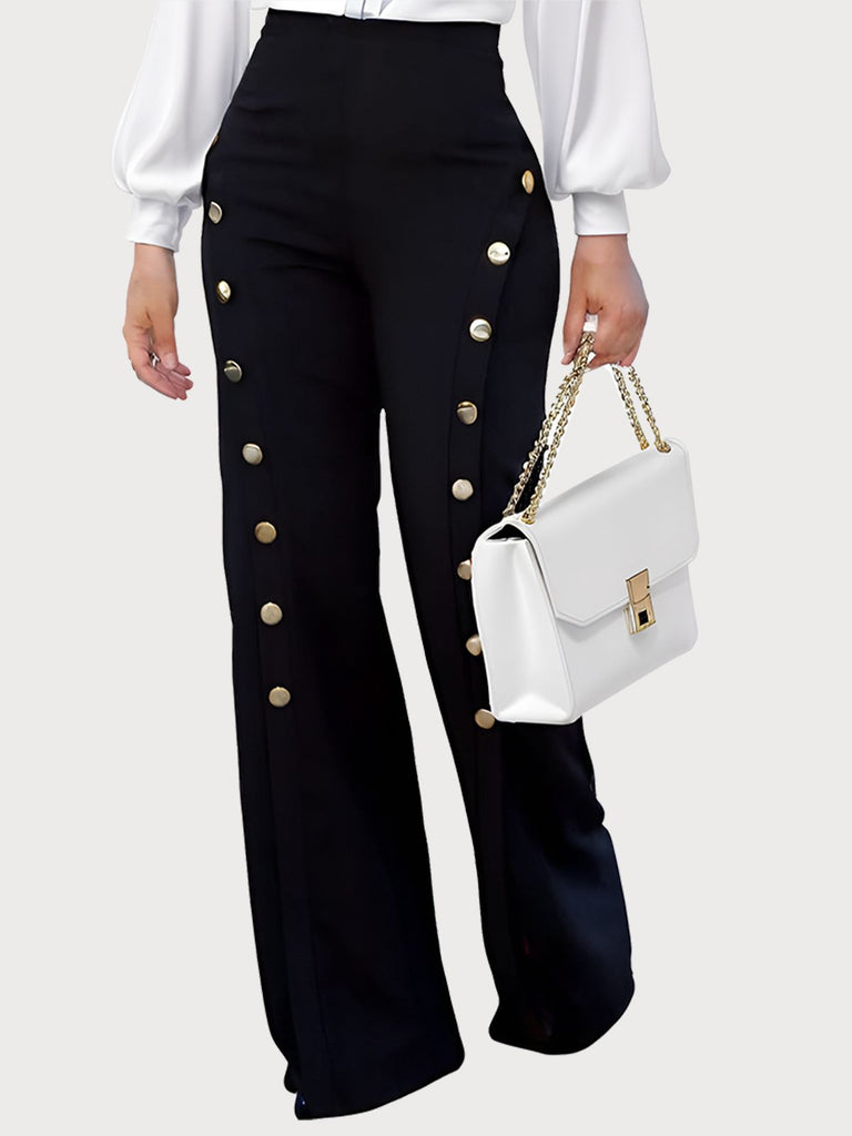 1970s High-Waist Metal Buttons Wide-Leg Pants