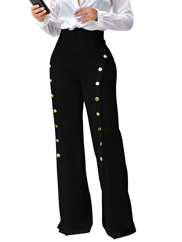 1970s High-Waist Metal Buttons Wide-Leg Pants