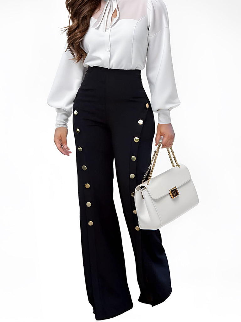 1970s High-Waist Metal Buttons Wide-Leg Pants