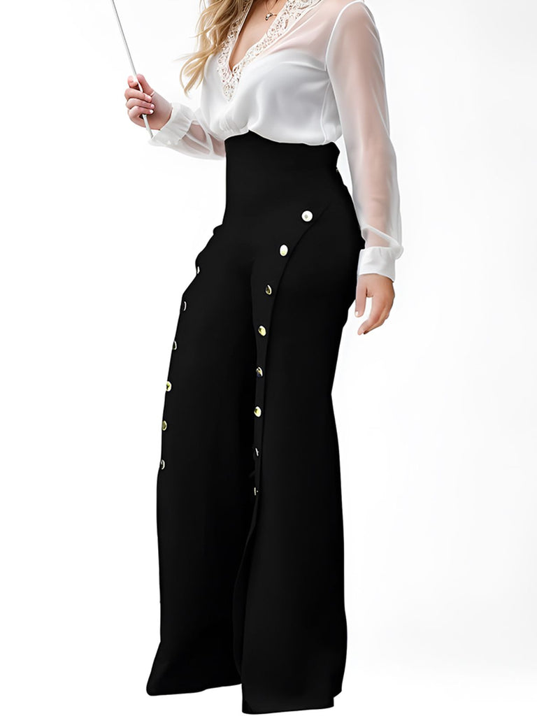 1970s High-Waist Metal Buttons Wide-Leg Pants