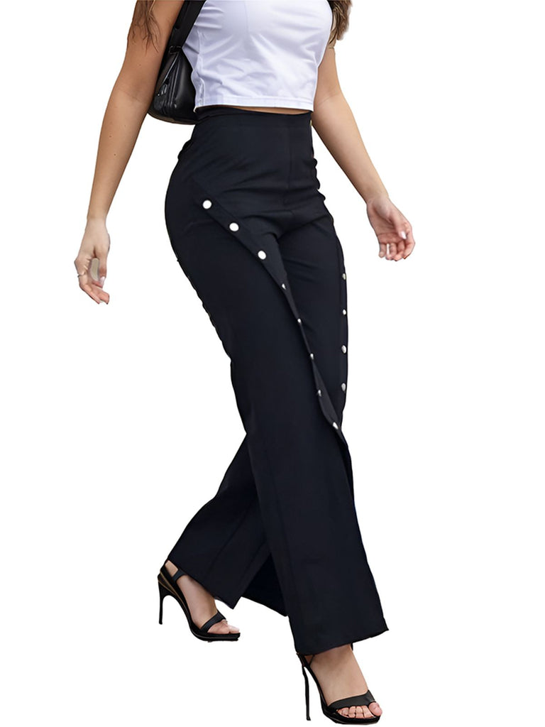 1970s High-Waist Metal Buttons Wide-Leg Pants