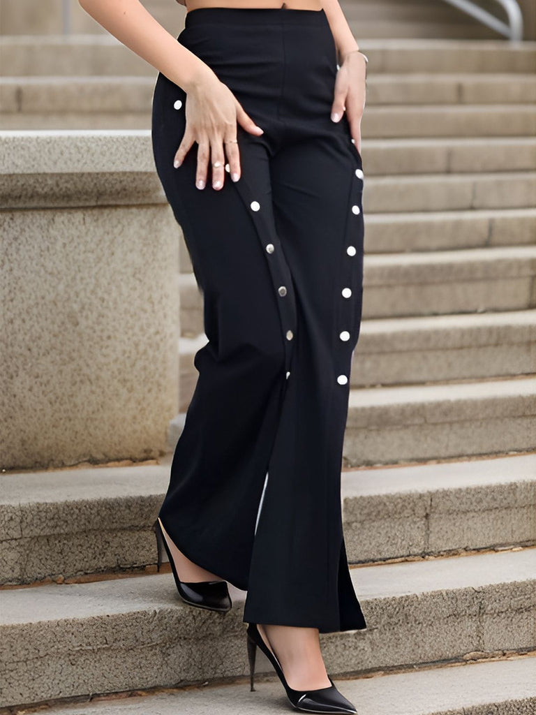 1970s High-Waist Metal Buttons Wide-Leg Pants
