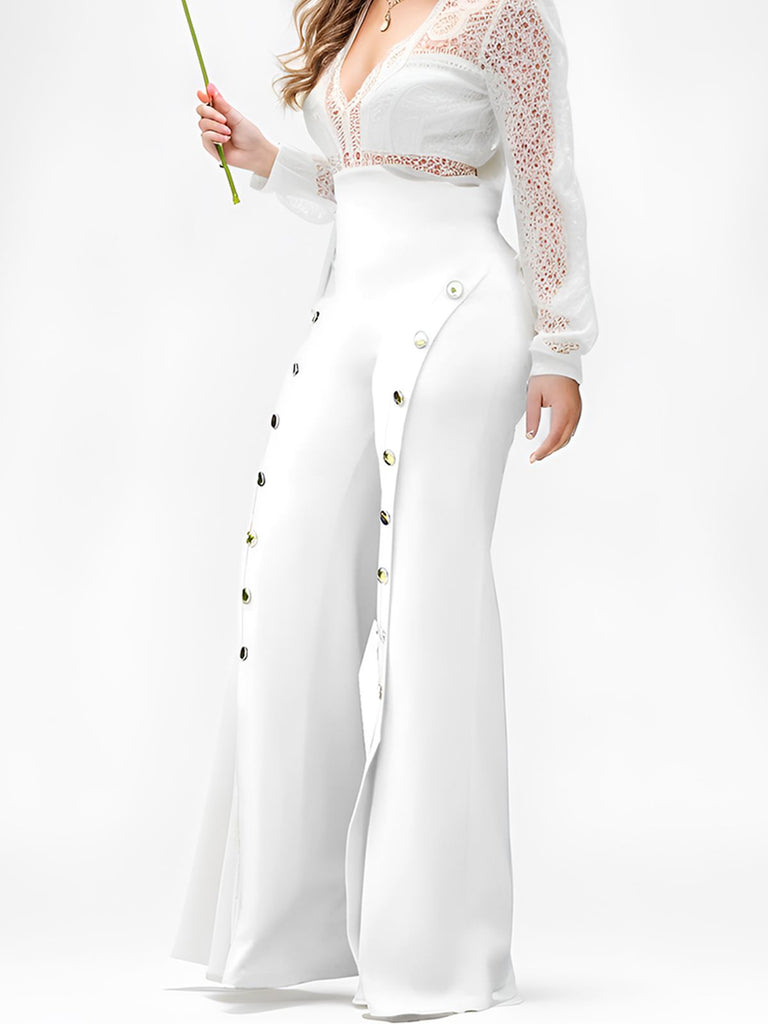 1970s High-Waist Metal Buttons Wide-Leg Pants