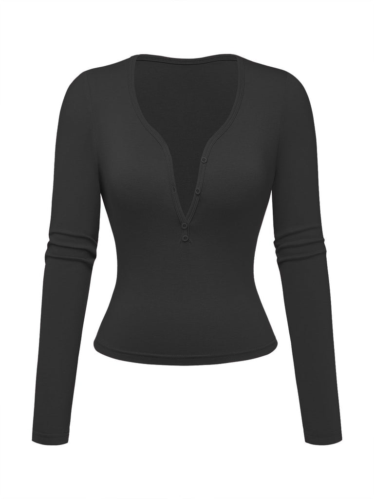 1970s Solid Button V-Neck Long Sleeve Top