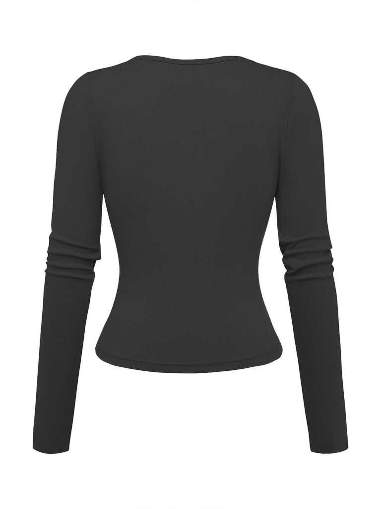 1970s Solid Button V-Neck Long Sleeve Top