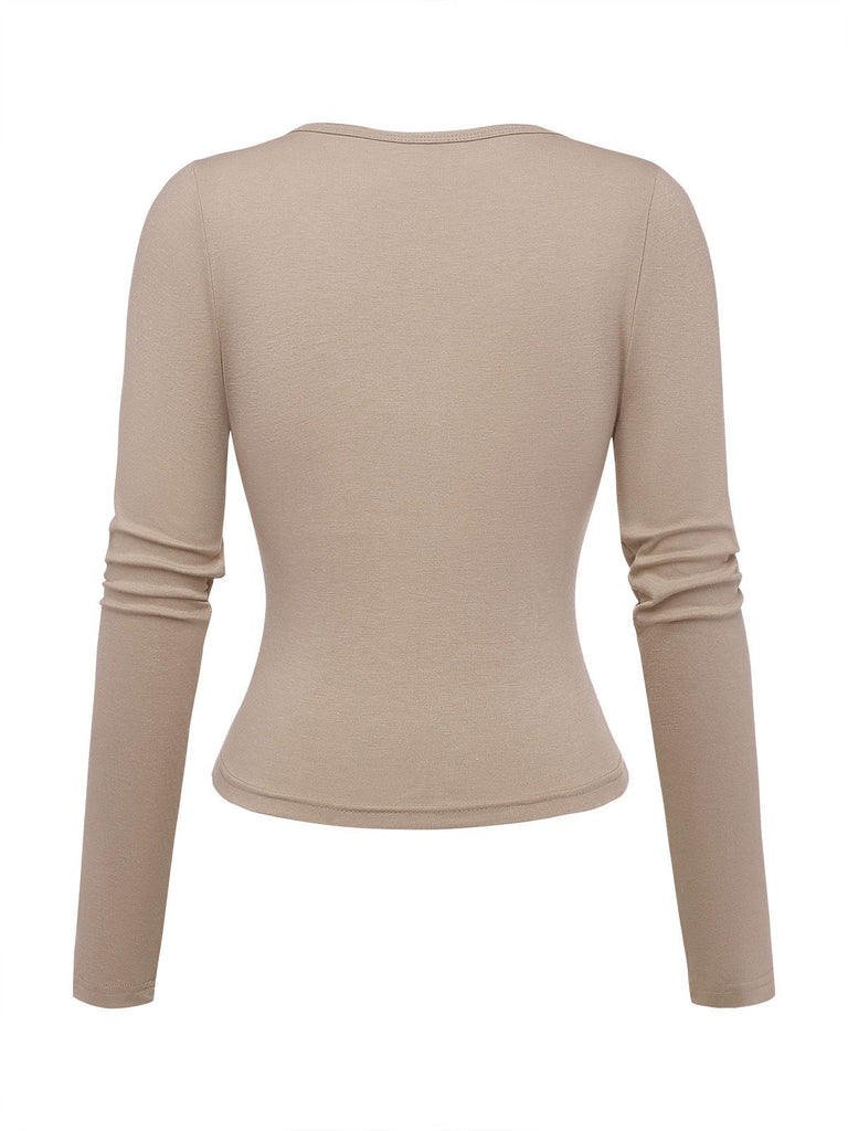 1970s Solid Button V-Neck Long Sleeve Top