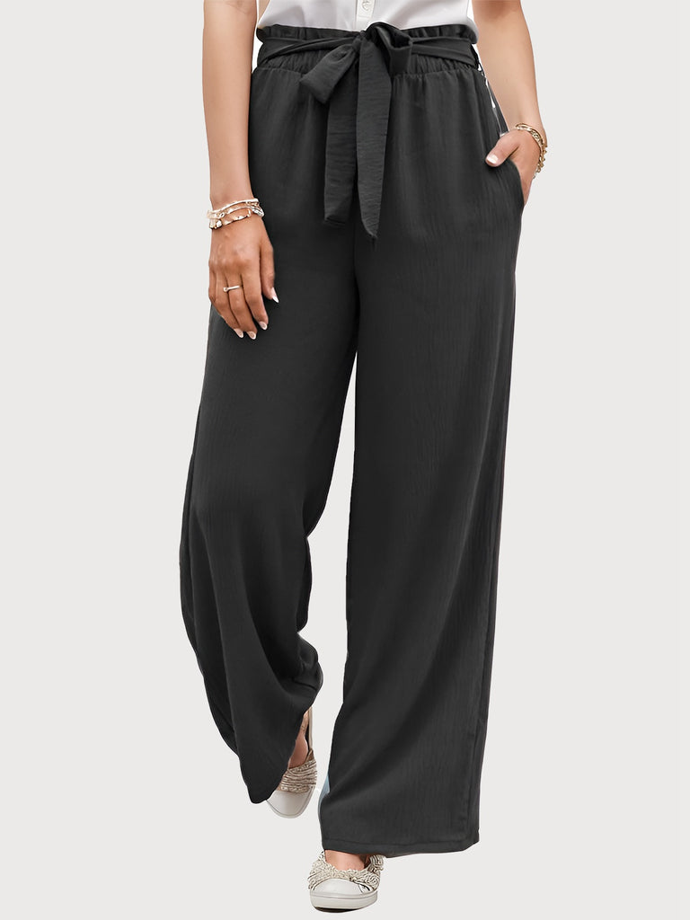 Black 1970s Solid Belted Wide-Leg Pants