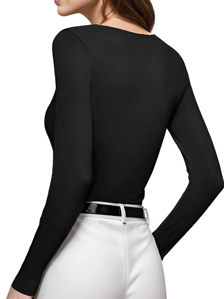 1970s Solid Heart Neck Long Sleeve Top