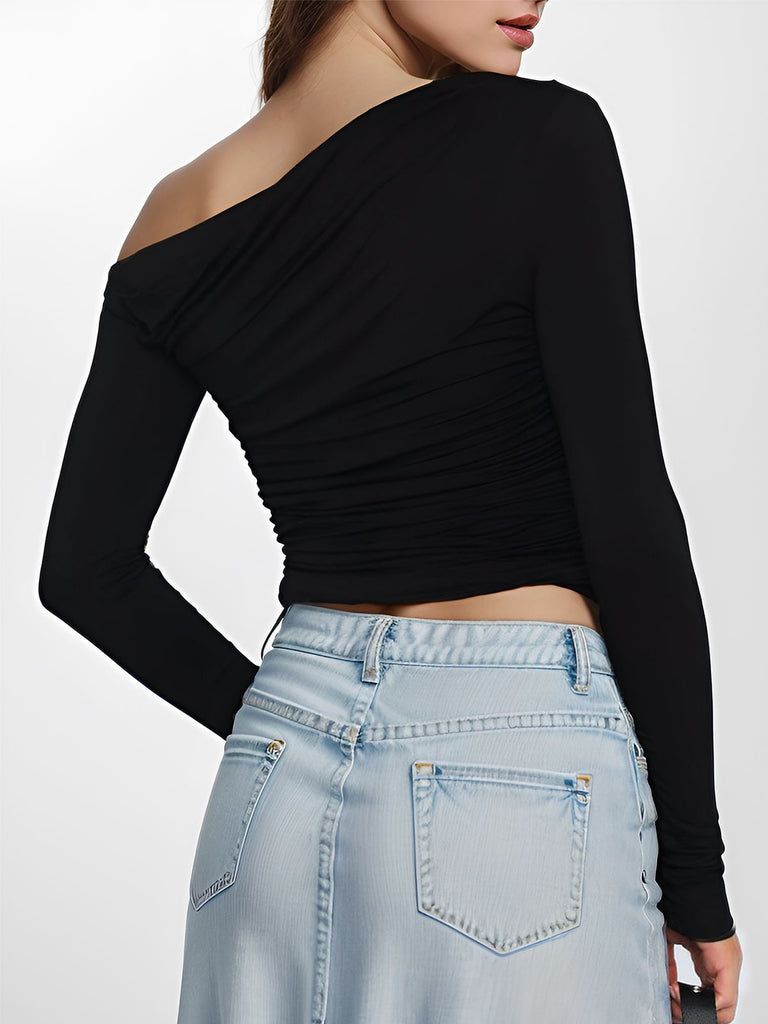 Brown 1980s Off-Shoulder Ruched Long-Sleeve Top
