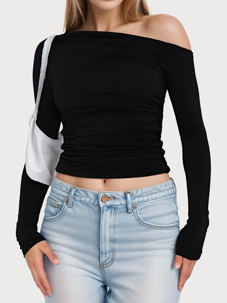 Brown 1980s Off-Shoulder Ruched Long-Sleeve Top