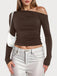 Brown 1980s Off-Shoulder Ruched Long-Sleeve Top
