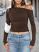 Brown 1980s Off-Shoulder Ruched Long-Sleeve Top