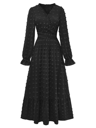 1940s Wrinkle V-Neck Lantern A-Line Dress