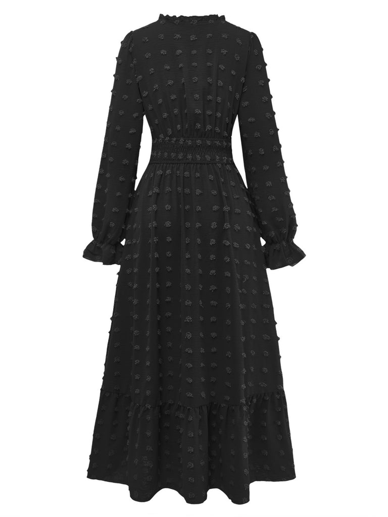 1940s Wrinkle V-Neck Lantern A-Line Dress