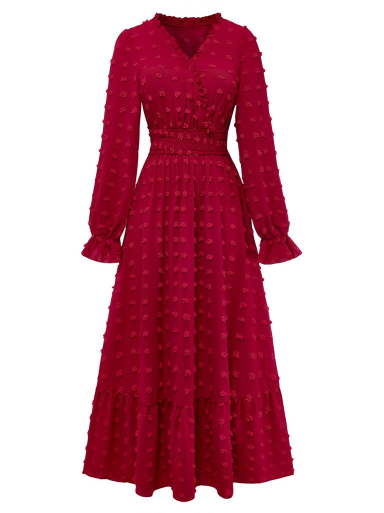 1940s Wrinkle V-Neck Lantern A-Line Dress