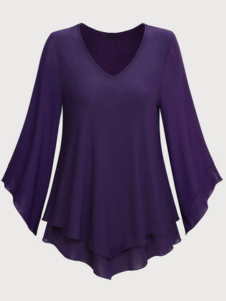 Purple 1940s Flare Double Layers Mesh Ruffle Blouse