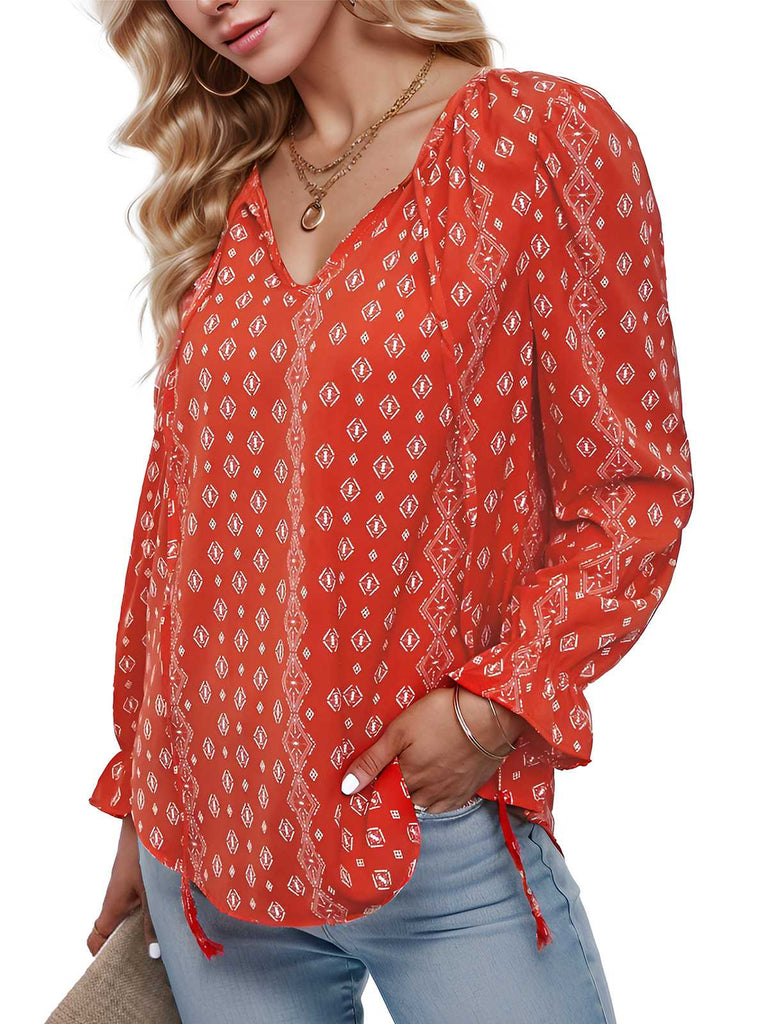 1970s Boho V-Neck Lantern Sleeve Blouse