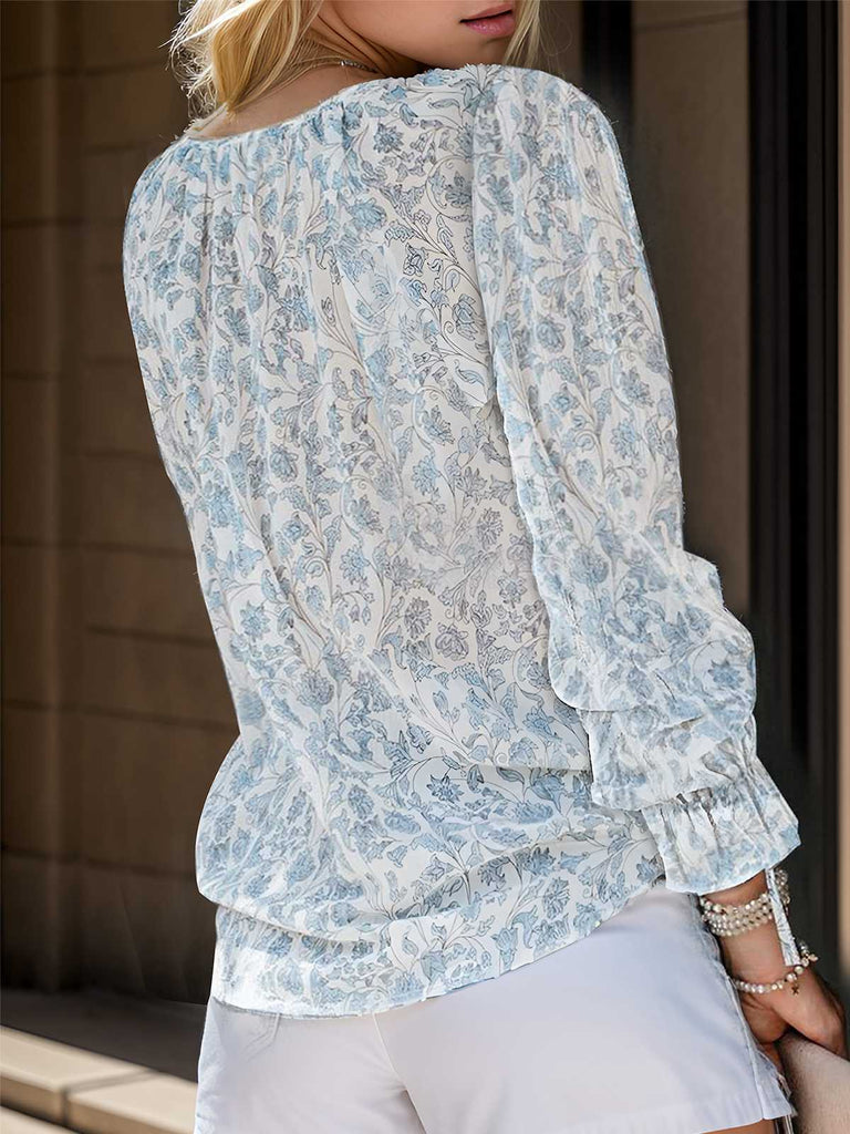 1970s Boho V-Neck Lantern Sleeve Blouse