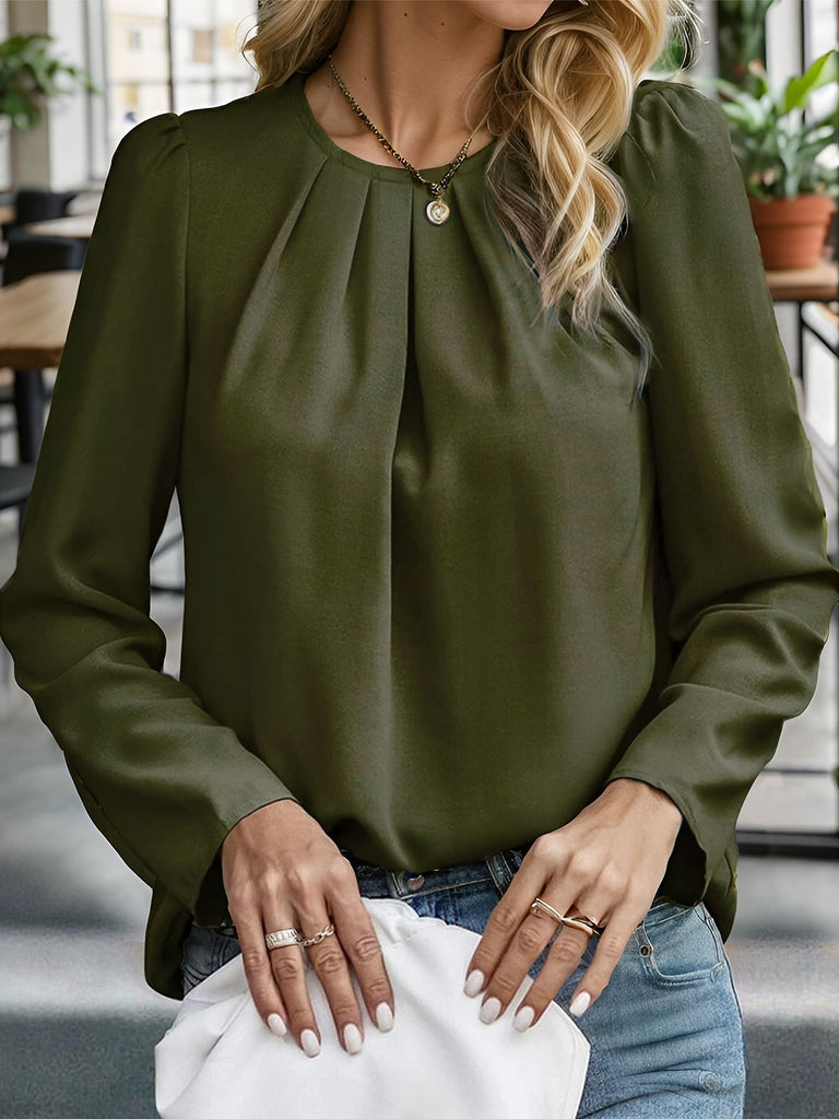 1960s Round Neck Solid Long Sleeve Blouse