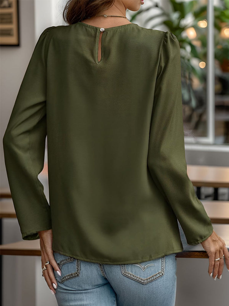 1960s Round Neck Solid Long Sleeve Blouse