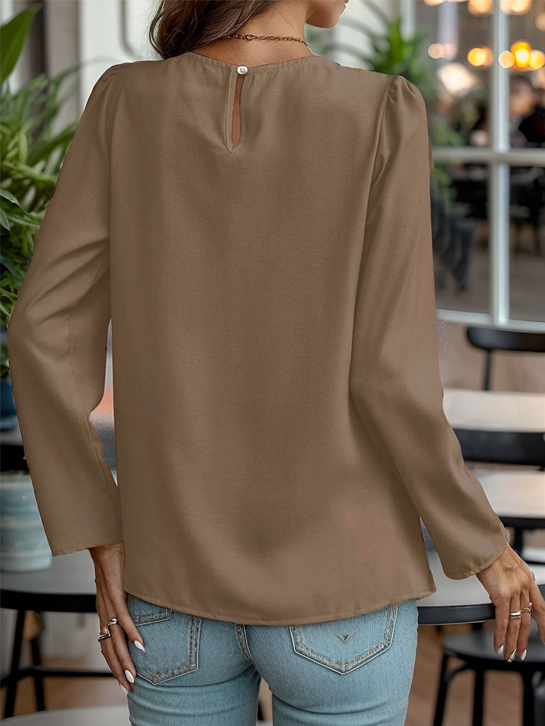 1960s Round Neck Solid Long Sleeve Blouse