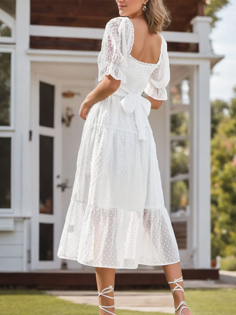 White 1970s Dot Square-Neck Puff-Sleeve Midi Dress