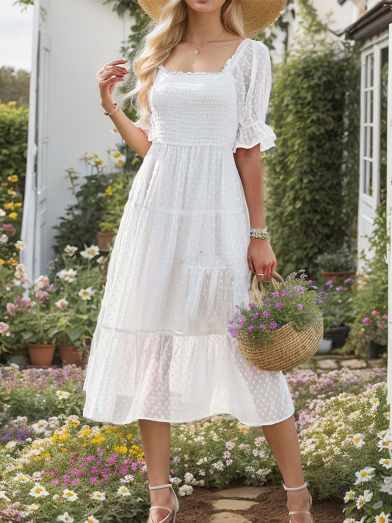 White 1970s Dot Square-Neck Puff-Sleeve Midi Dress