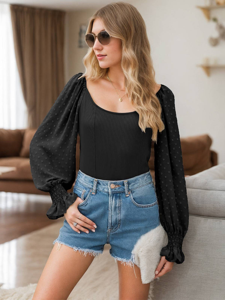 Black 1960s Solid Lantern Sleeve U-Neck Top