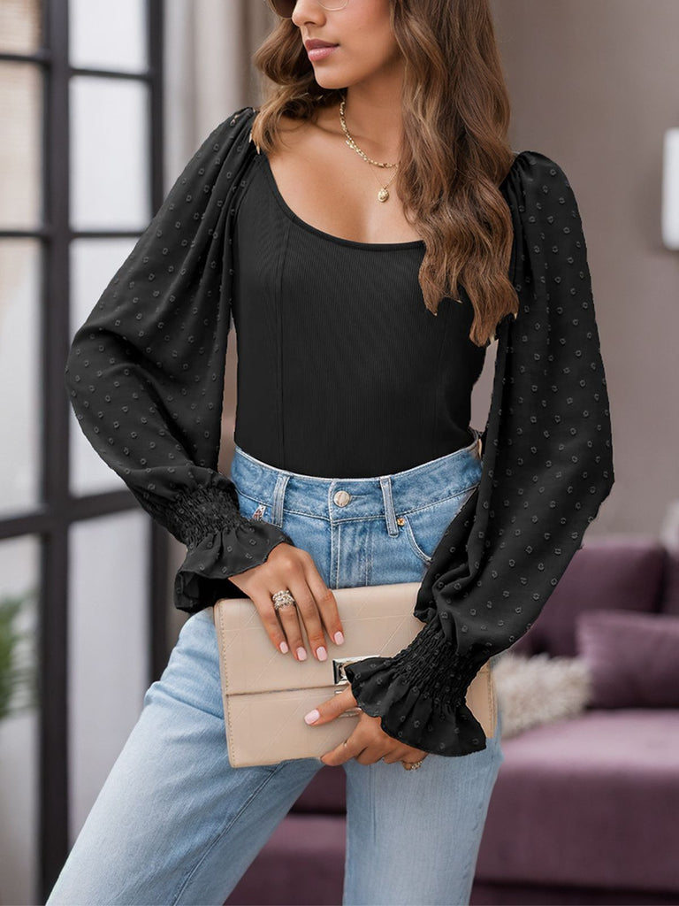 Black 1960s Solid Lantern Sleeve U-Neck Top