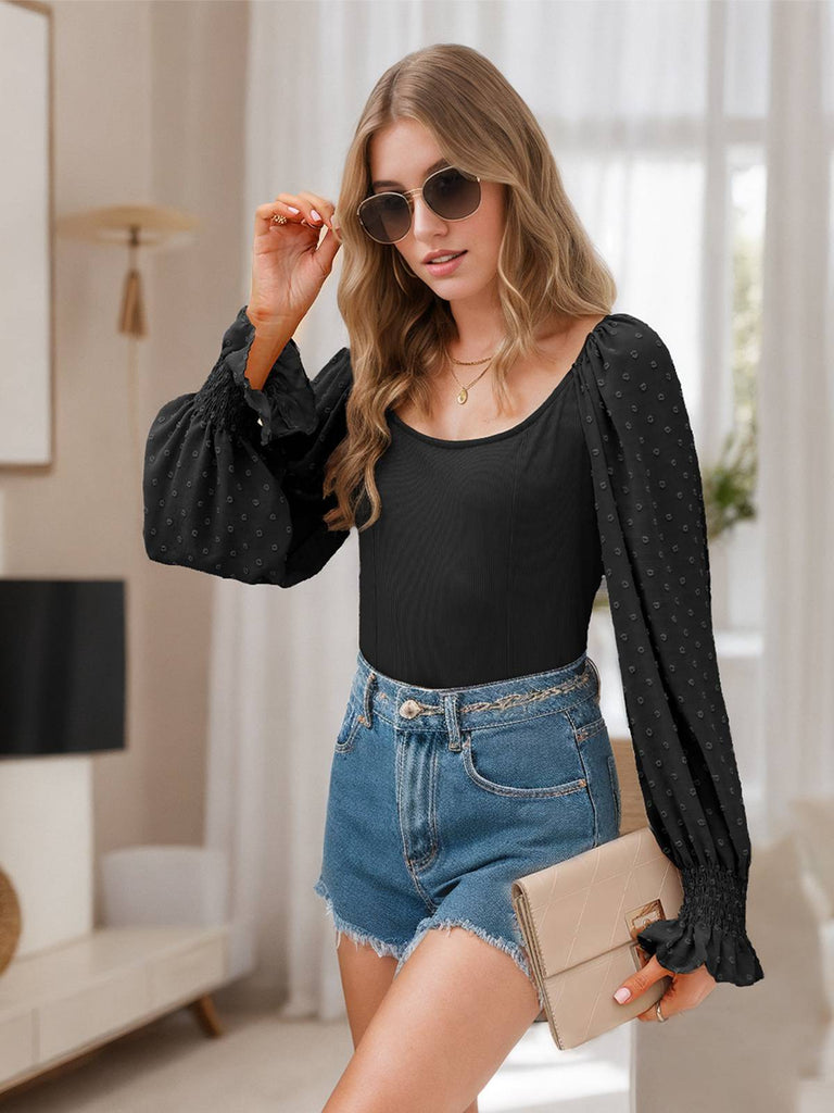 Black 1960s Solid Lantern Sleeve U-Neck Top