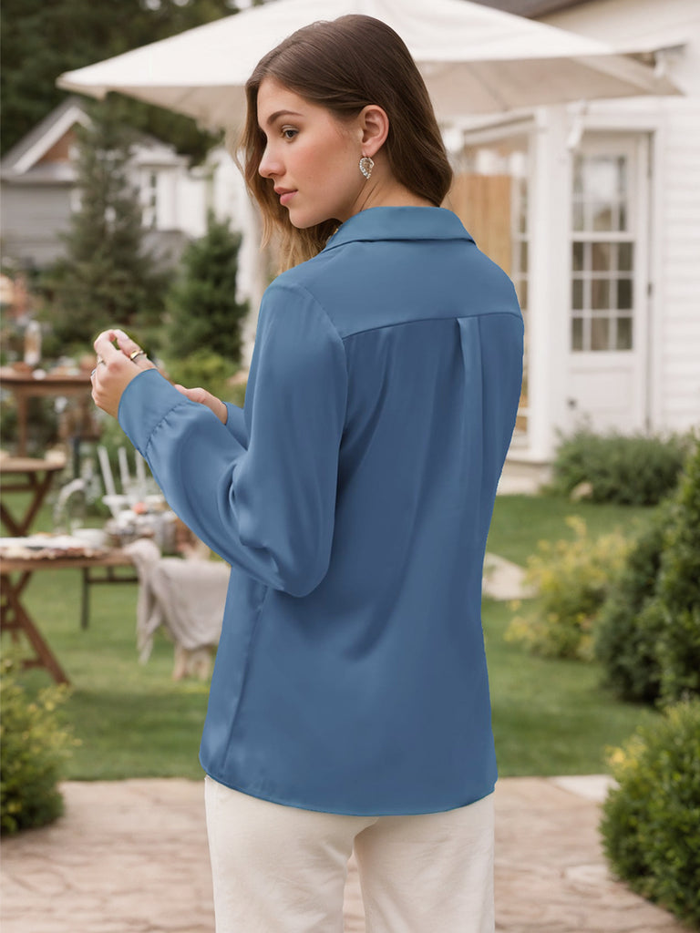 Blue 1980s Lapel Satin Long Sleeve Blouse