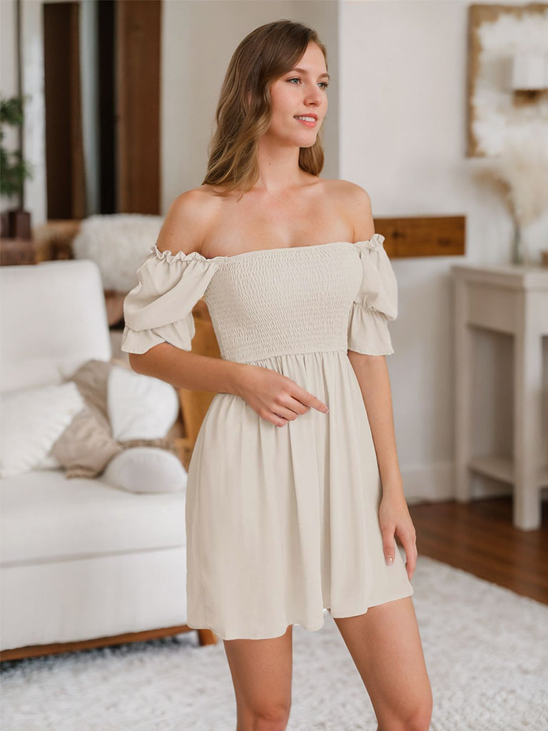 1960s Square-Neck Puff-Sleeve Smocked Stretch Mini Dress