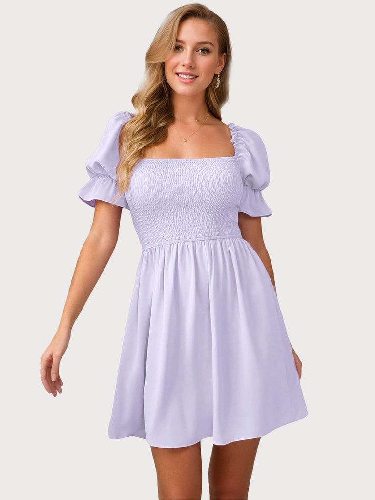 1960s Square-Neck Puff-Sleeve Smocked Stretch Mini Dress