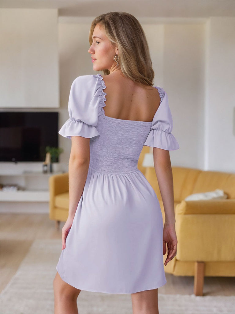 1960s Square-Neck Puff-Sleeve Smocked Stretch Mini Dress