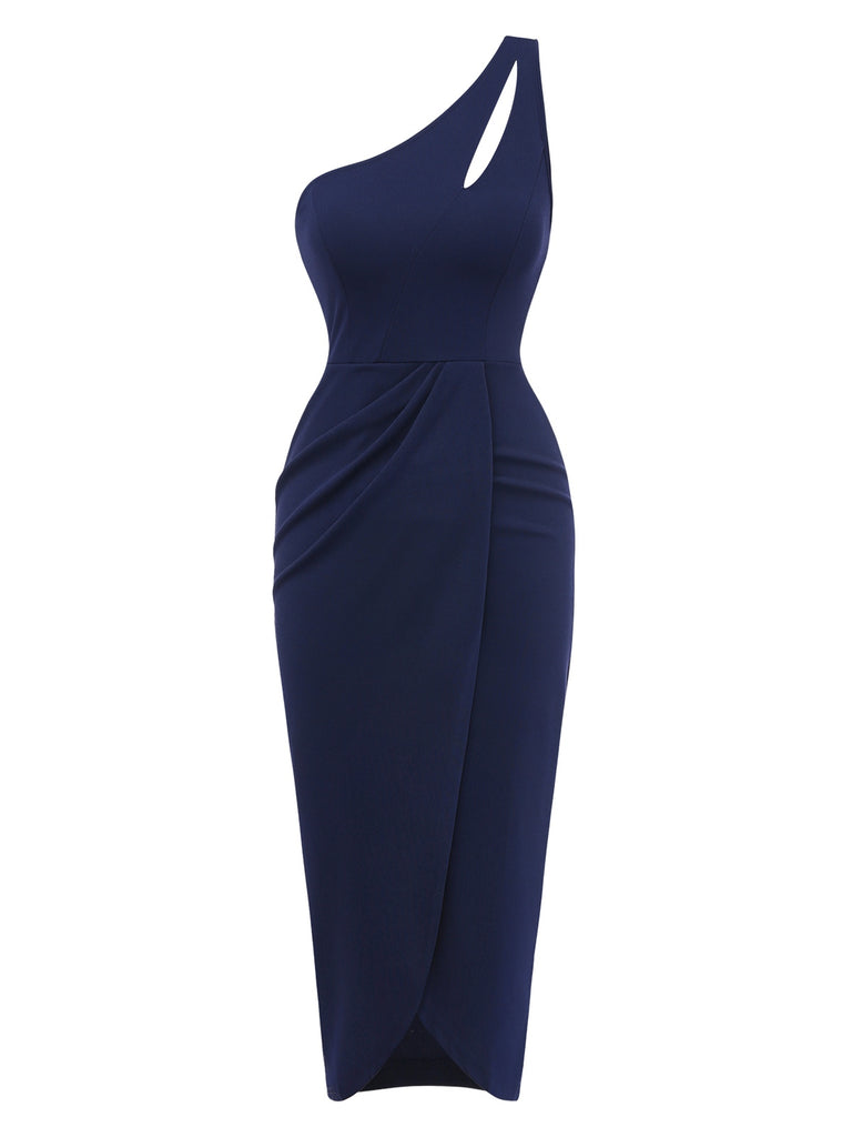 1960s Wrinkle One-Shoulder Surplice Knit Pencil Dress