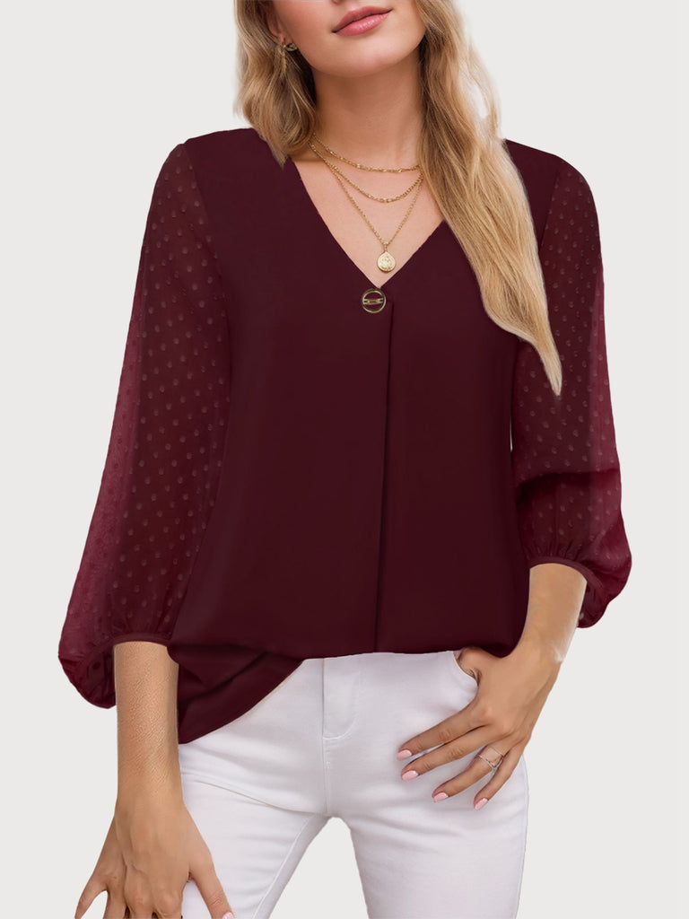 Wine Red 1940s Solid V-Neck Sheer Sleeve Top