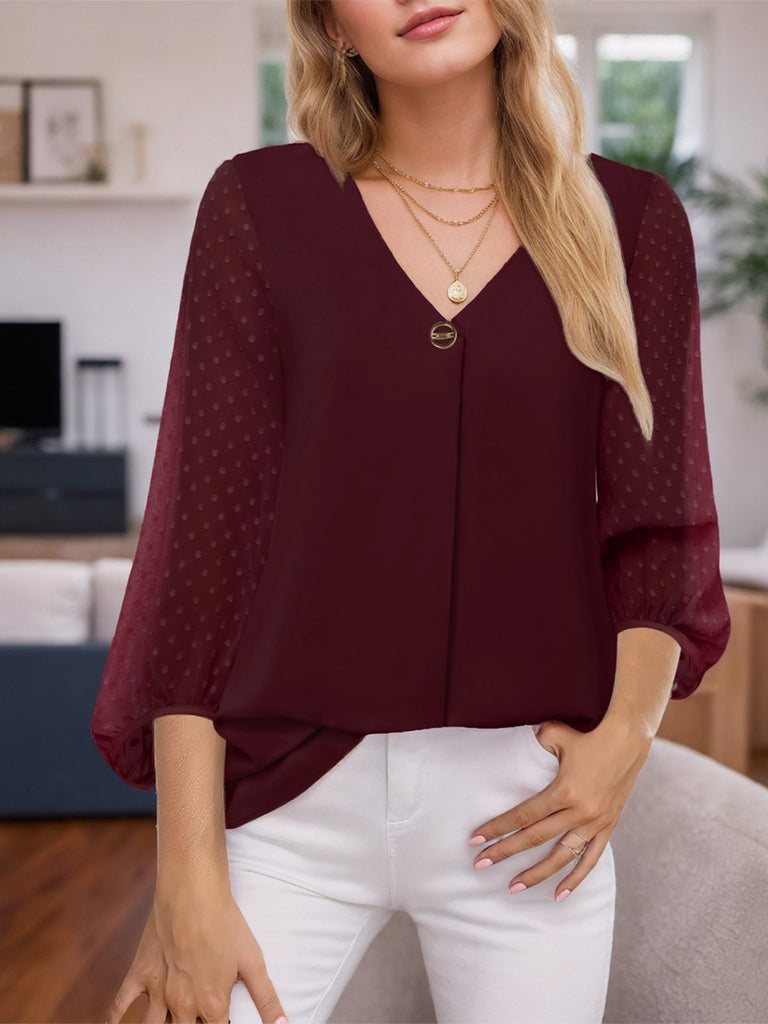 Wine Red 1940s Solid V-Neck Sheer Sleeve Top