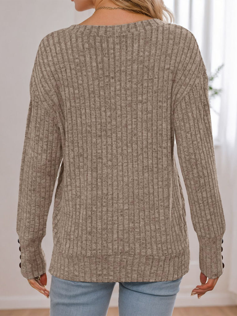 Khaki 1940s Ribbed V-Neck Long-Sleeve Knit Sweater