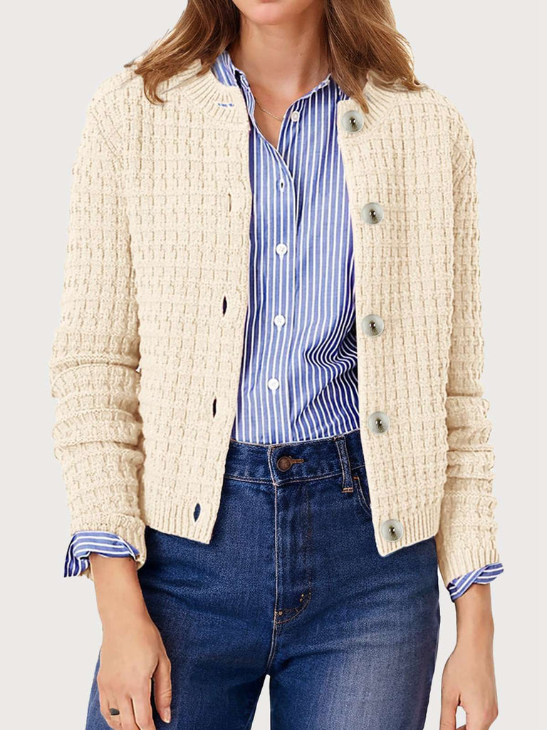 1940s Round Neck Long Sleeve Faux-Woolen Cardigan