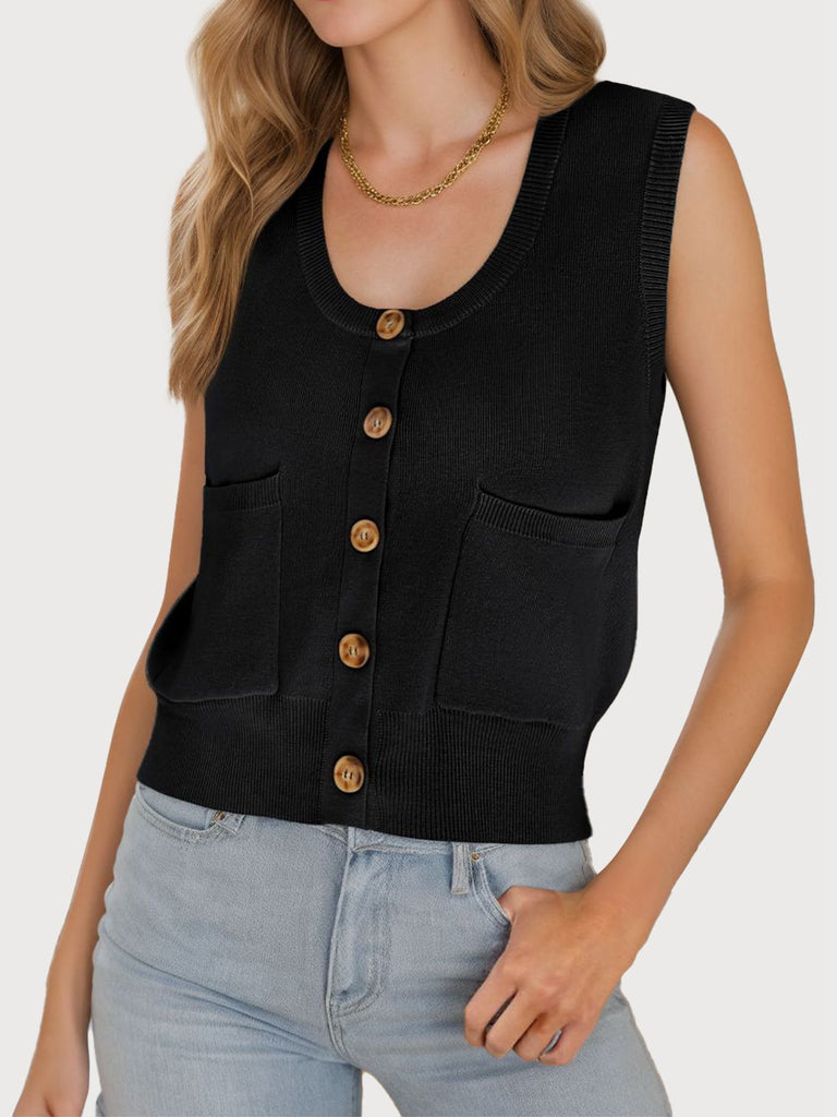 Black 1960s Solid Knitted Pocket Sleeveless Vest