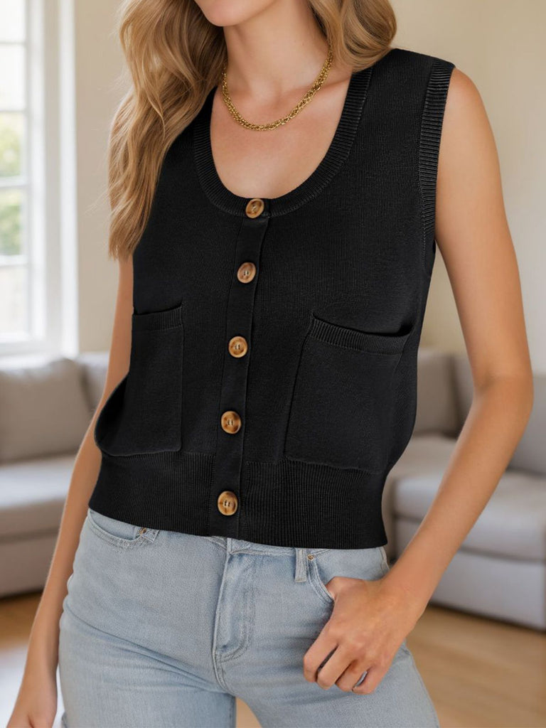 Black 1960s Solid Knitted Pocket Sleeveless Vest