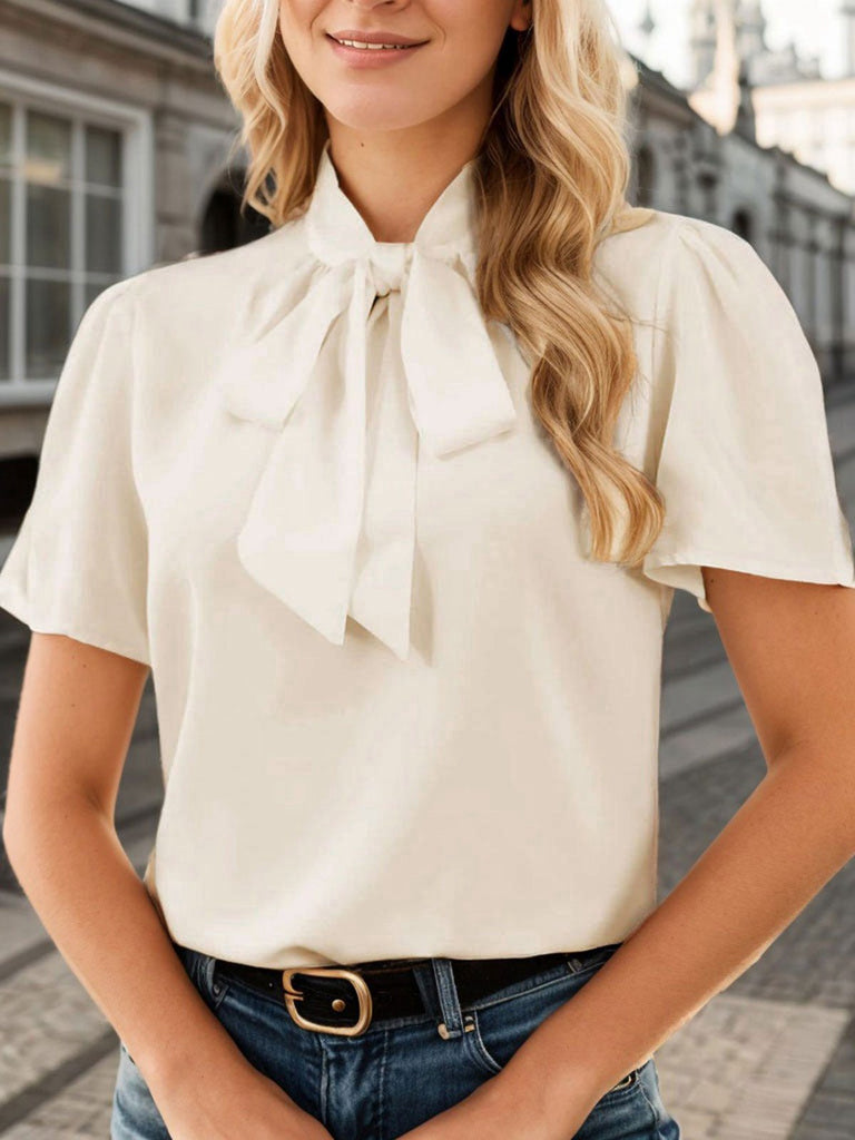 Beige 1950s Bow Tie Knot Blouse