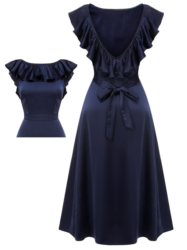 Dark Blue 1930s Flounce Sleeve Cowl Neck Trumpet Dress, vintage dress, retro fashion - perfect for women who love vintage and retro fashion