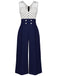 She finds her 1930s story in this Dark Blue 1930s Polka Dot Patchwork Jumpsuit