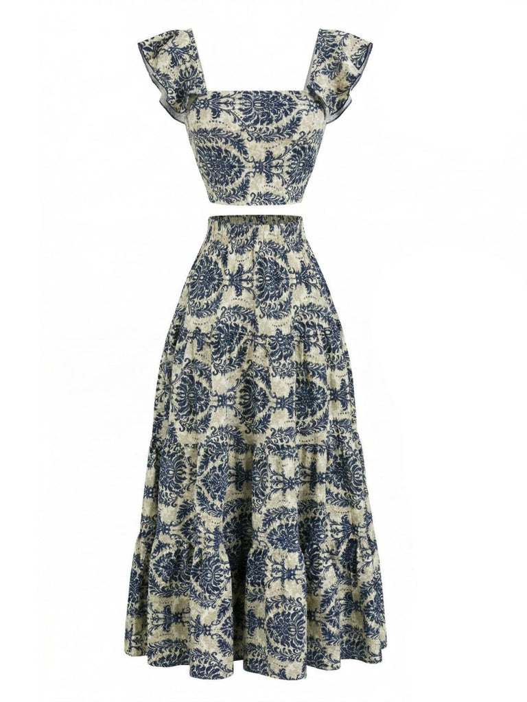 2PCS 1970s Square-Neck Floral Flutter Sleeve Top & Maxi Skirt - vintage skirt, retro style for vintage lovers