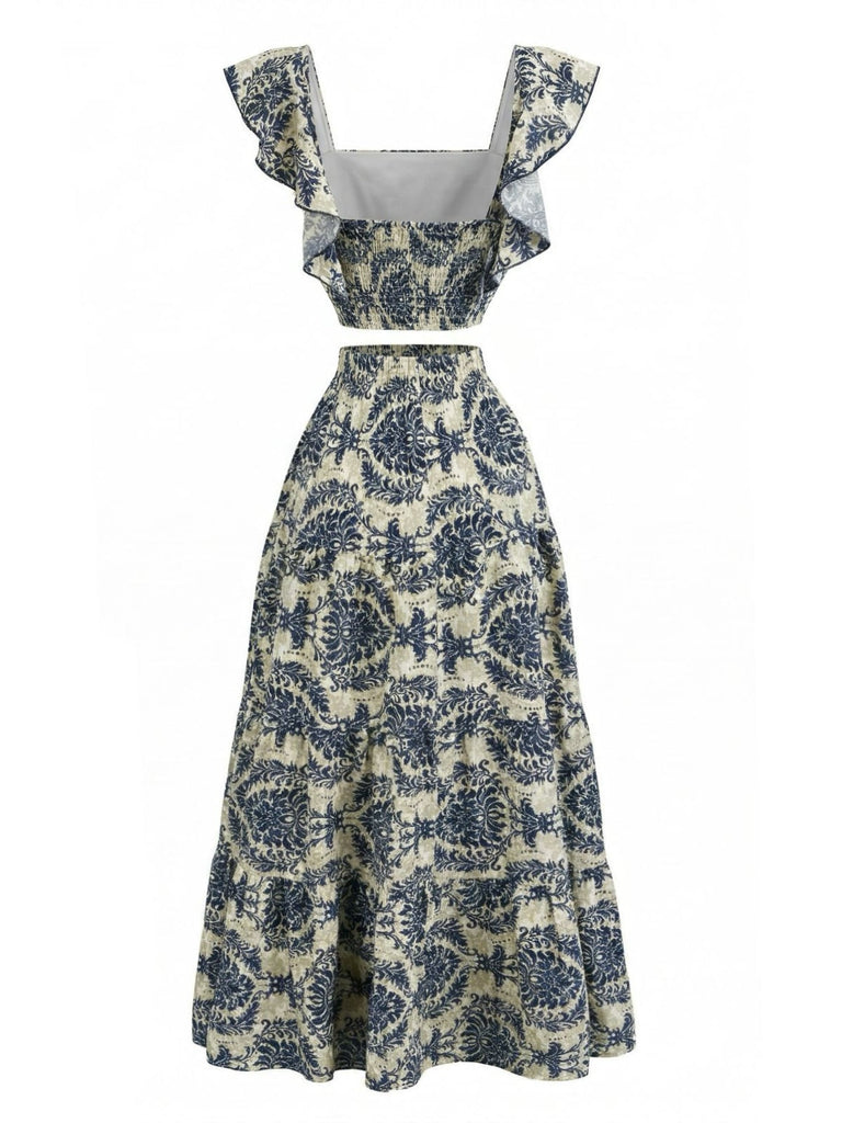 2PCS 1970s Square-Neck Floral Flutter Sleeve Top & Maxi Skirt - vintage skirt, retro style for vintage lovers